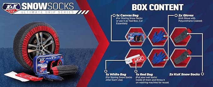 K&K Auto Snow Socks for Tires – Pro Series for Ultimate Grip Approved Snow Chain Alternative Traction Device – Tire Sock for 