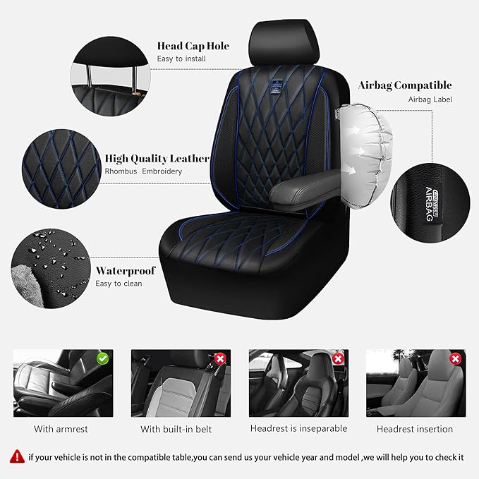 CAR PASS Piping Luxury Leather Seat Covers Full Set,5 Seats Anti-Slip Waterproof Seat Covers Compatible with Front Armrests,U