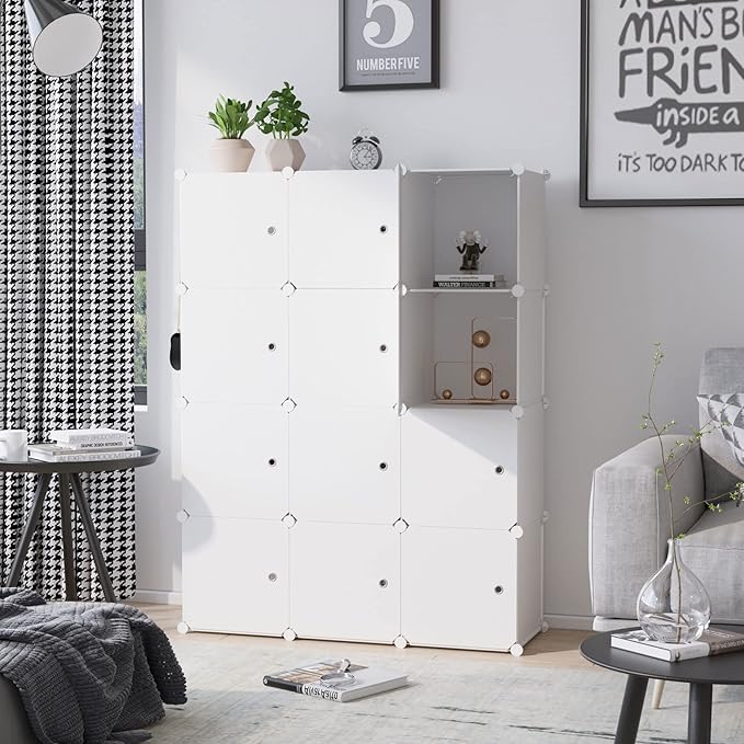 C&AHOME Cube Storage Organizer with Doors, 12-Cube Shelves, Closet Cabinet, DIY Plastic Modular Bookshelf Ideal for Bedroom, 
