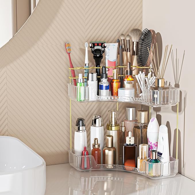 Webetop Corner Makeup Organizer for Vanity, 2 Tier Bathroom Cosmetics Organizer Countertop with Make up Brush Holder Corner C