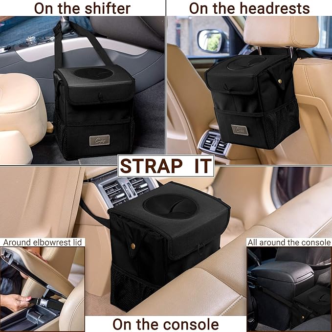 Creathing Car Trash Can [Touring Edition] - Removable Liner - 100% Leakproof, Odor Control Lid, Hanging Garbage Bin for SUV, Truck, Car (2 Gal, Black)