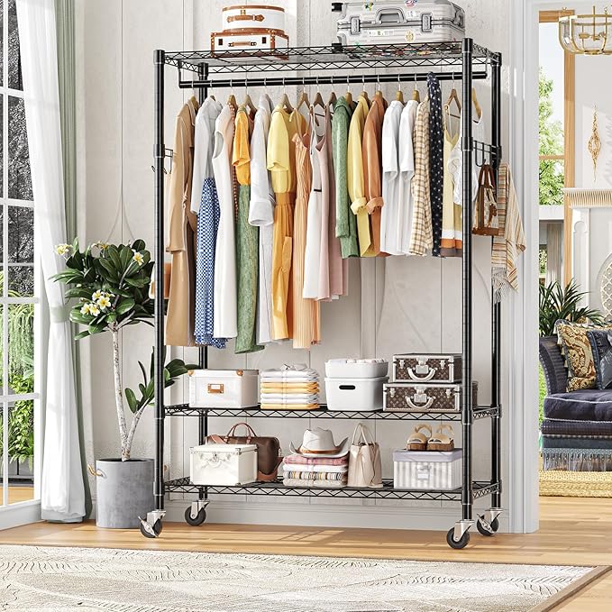 Simple Trending Heavy Duty Clothing Rack 3 Tiers Adjustable Wire Shelving Clothes Rack with Double Rods and Side Hooks, Frees