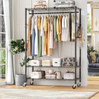 Simple Trending Heavy Duty Clothing Rack 3 Tiers Adjustable Wire Shelving Clothes Rack with Double Rods and Side Hooks, Frees