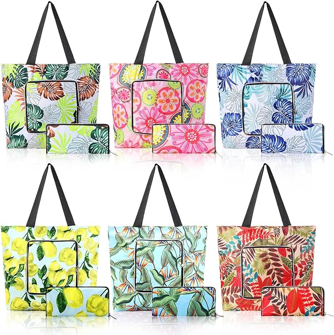 Cunno 6 Pcs Reusable Foldable Grocery Bags, Large Capacity Shopping Bag with Zipper Handle, Waterproof, Women