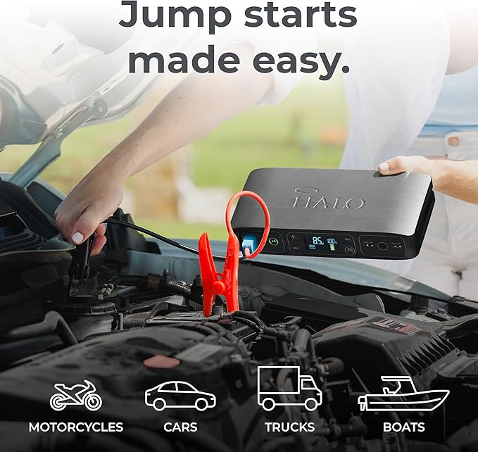 HALO Bolt Air 58830 Portable Car Battery Jump Starter | 100 PSI Air Compressor, 58.8Wh USB Power Bank, Emergency Floodlight