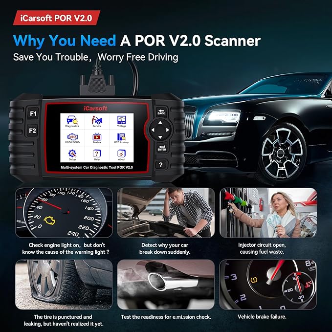 iCarsoft POR V2.0 fit for Porsche/Cayenne/911 Full Systems Diagnostic Scan Tool, OBD2 Scanner with 8 Resets, Live Data, Battery