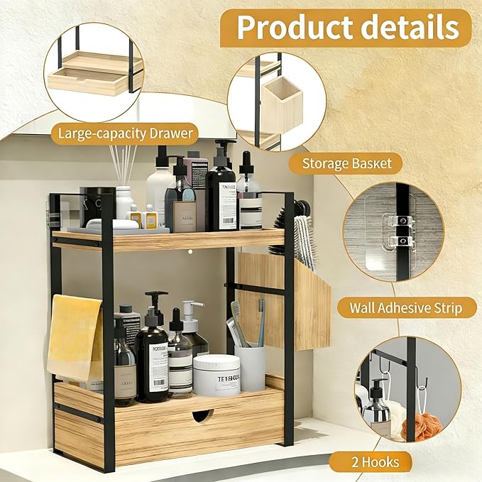 2-Tired Bathroom Counter Organizers and Storage, Bathroom Countertop Organizer with Drawer, Solid Wood Skincare Perfume Organ