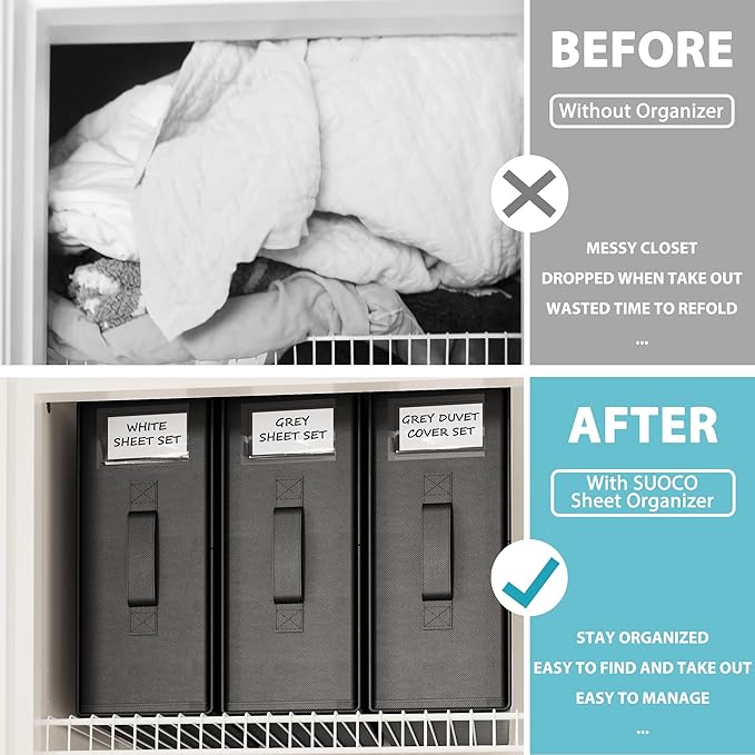 SUOCO SheetCube Bed Sheet Organizers and Storage 4 Pack, Foldable Linen Closet Organizer, Bedding Folder Storage Box Containe