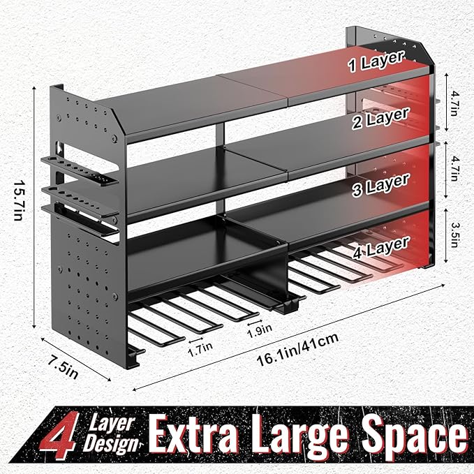 Power Tool Organizer Wall Mount, Metal 4 Layer Heavy Duty Metal Power Tool Storage Rack, Garage Drills Storage Shelves with S