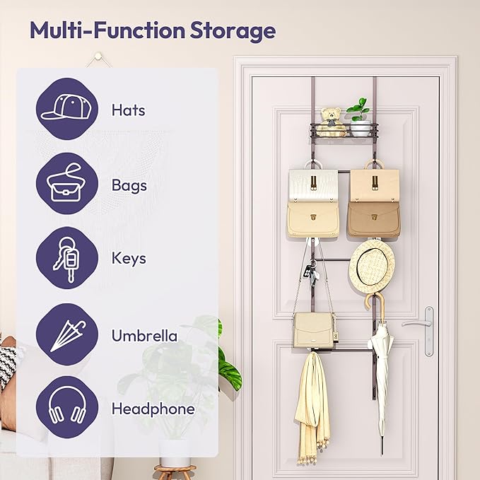 SWTYMIKI Over The Door Purse Organizer - Wall Mounted Handbag Organizer with 16 Hooks and Metal Basket, Hanging Purse Storage