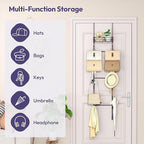 SWTYMIKI Over The Door Purse Organizer - Wall Mounted Handbag Organizer with 16 Hooks and Metal Basket, Hanging Purse Storage