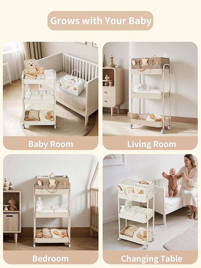 Fortella Baby Diaper Caddy, 3 Tier Rolling Storage Cart for Baby Essentials, Diaper Cart with Detachable Dividers, Storage Or