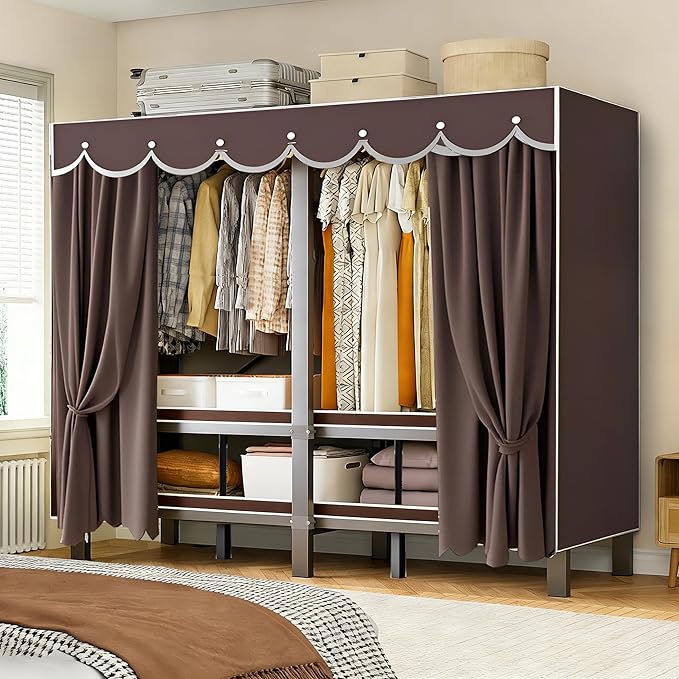 YTLEMON Heavy Duty Wardrobe Closet with Cover, Metal Rolling Clothes Rack, Foldable Portable Closet Organizer System Freestan