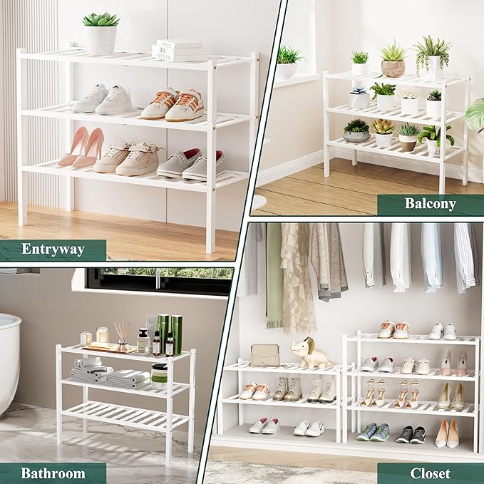 Smiry Shoe Rack, 4 Tier Bamboo Shoe Organizer, Stackable Free Standing Wooden Shoe Storage Shelf for Closet, Entryway, Front 