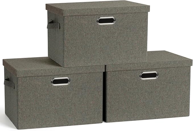Graciadeco Large 17" 36 Quart Collapsible Stackable Storage Bins with Lids, 3 Packs Dark green Foldable Fabric Closet Storage