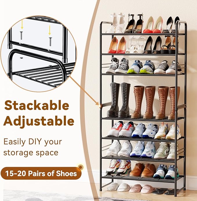 Shoe Rack 4 Tier, Closet Metal Shoe Organizer Shelf for Entryway Heavy Duty, Stackable, Black