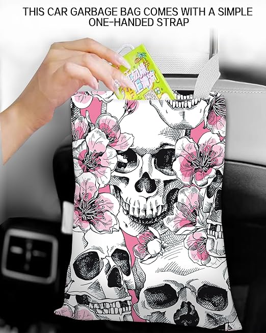 Car Garbage Can, Car Trash Bag, Car Garbage Bag, Hanging Car Trash Can for Car Accessories, Vehicle, Travelling, Camping, Cute Car Back Seat Organizer, Skull Pink Floral