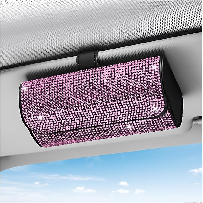 Sunglasses Holder for Car Sun Visor, Bling Leather Eyeglasses Visor Storage Case with Hidden Magnetic Closure, Sparkling Auto Visors Protective Organizer Storage Box (Pink)