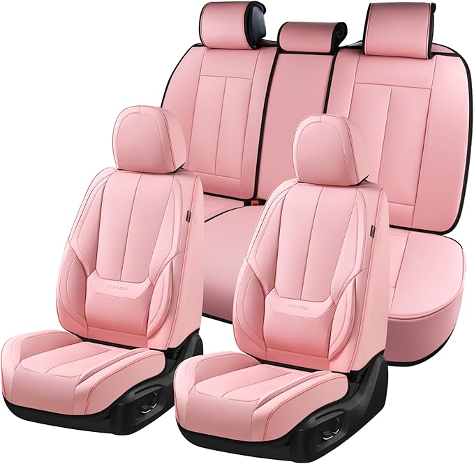 Coverado Car Seat Covers Full Set, Seat Covers for Cars, Pink Car Seat Protector Waterproof, Nappa Leather Car Seat Cushion, 