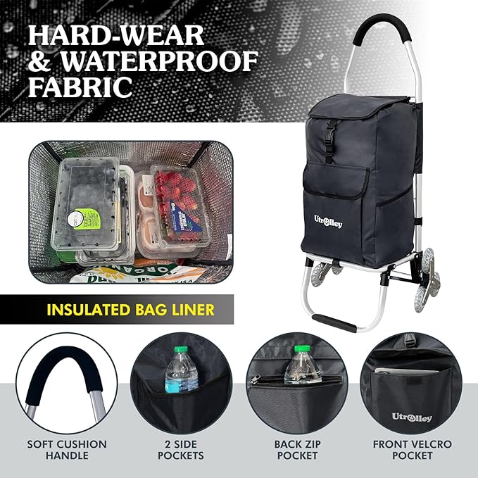Ultra-Lightweight Foldable Stair-Climbing Shopping Cart for Groceries - 42L Capacity, Six Wheels, Removable Insulated Bag, Durable Aluminum Frame,Multi-Function Personal Hand Truck, Black