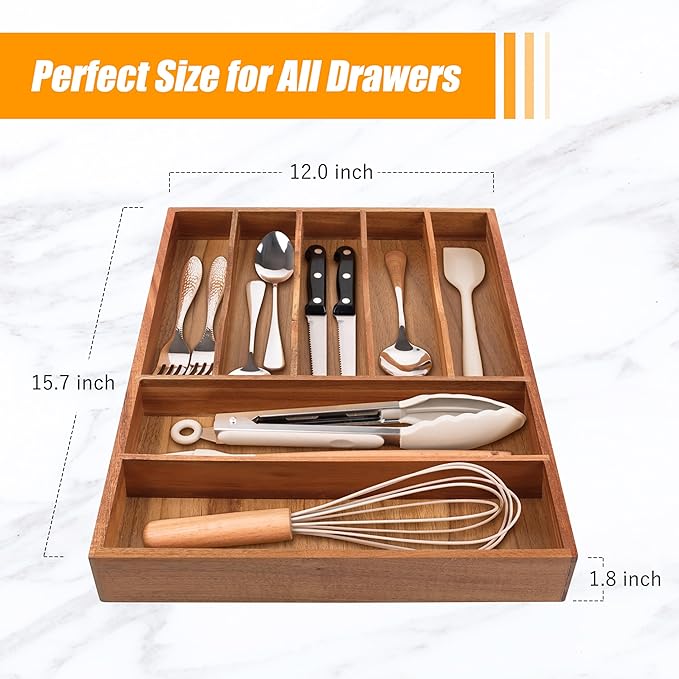 Bellsal Bamboo Silverware Organizer, 12"x15.7" Utensil Holder Cutlery Tray with Grooved Drawer Dividers for Kitchen Flatware,