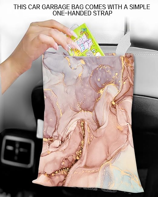 Car Garbage Can, Car Trash Bag, Car Garbage Bag, Hanging Car Trash Can for Car Accessories, Vehicle, Travelling, Camping, Cute Car Back Seat Organizer, Cute Pink Marble