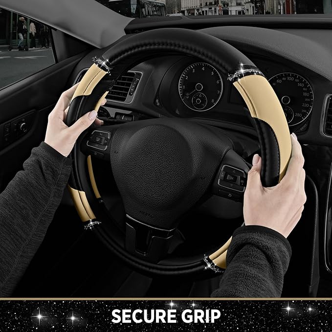 Road Comforts Leather Steering Wheel Cover - Made with PVC Leather - Anti-Slip, Universal Fit 14 1/2 inches to 15 inches - Be