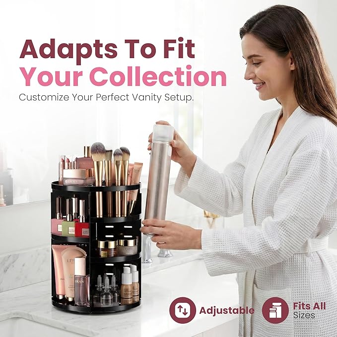 360 Rotating Makeup Organizer - Adjustable Shelf Height and Fully Rotatable. The Perfect Cosmetic Organizer for Bedroom Dress