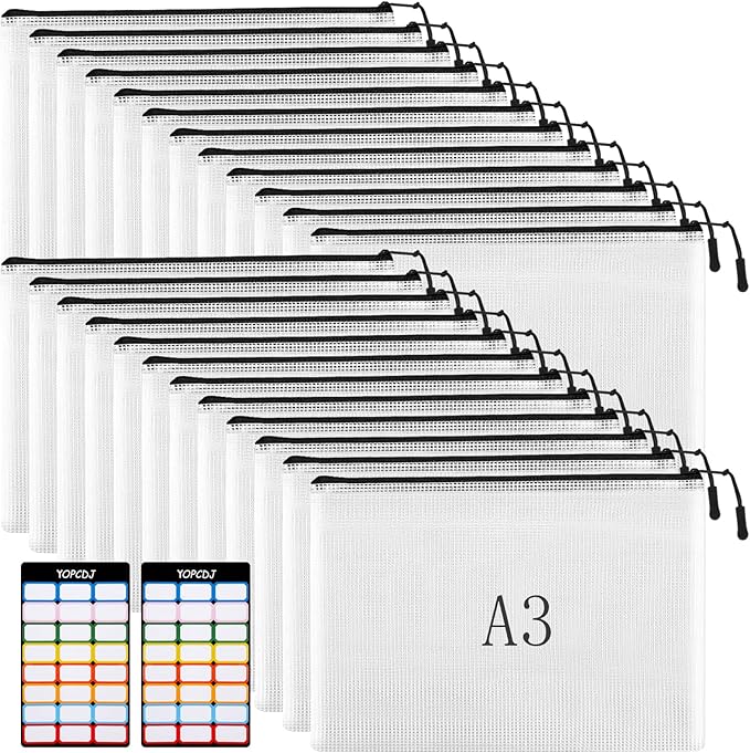 24pcs Mesh Zipper Pouches, A3 Size 17 x 12 inches Waterproof Black Zipper Bags, Water-Resistant Plastic Zipper Pouch for Scho