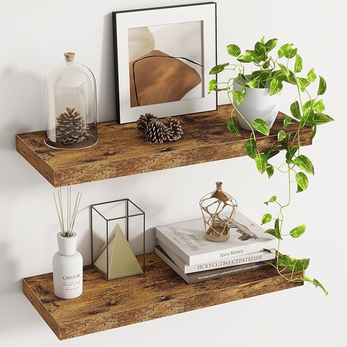 Fun Memories Floating Shelves - 2 Pack 9.3 Inch Deep Rustic Wooden Wall Shelves - Wall Mounted Storage Shelf with Invisible B