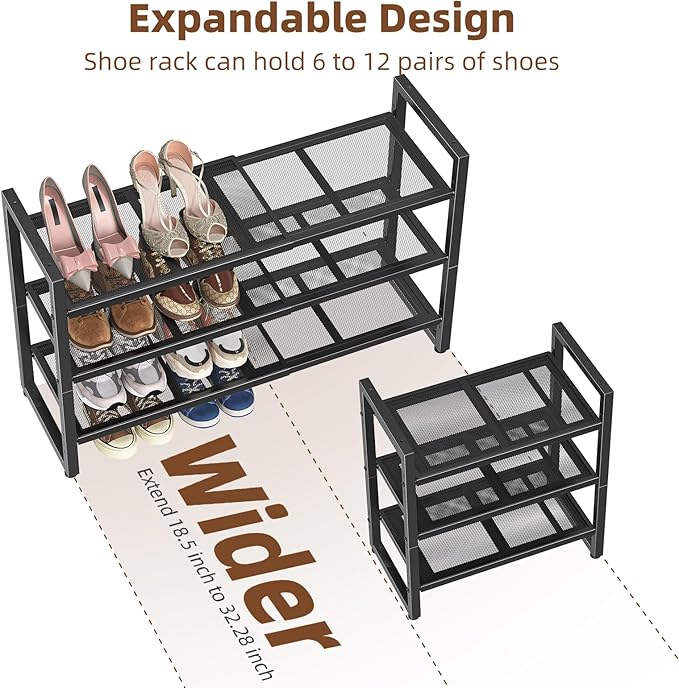 Simple Trending 3-Tier Expandable Shoe Rack, Adjustable & Stackable Shoe Organizer, Metal Mesh Free Standing Shoe Shelf Stora