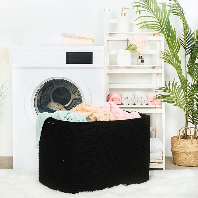 MINTWOOD Design 112L Extra Large Blanket Basket Holder Living Room, 25"x17"x16" Rectangle Rope Woven Storage Basket with Hand
