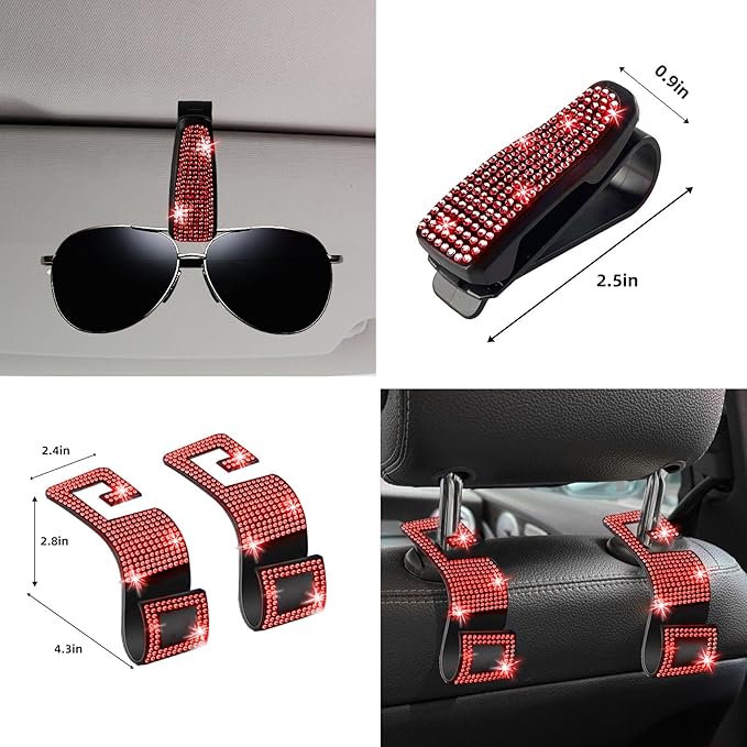 NBTEPEM 30 Pcs Red Bling Car Accessories Set for Women, Red Steering Wheel Cover Set, Bling Console Cover, Seat Belt Cushion, Shift Knob Cushion, Cup Holder Coaster, Rhinestone Car Hanging Accessories
