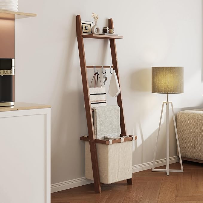 63" Bamboo Blanket Ladder with Shelf, Fabric Storage Basket and 5 Hooks, 4 Tier Leaning Blanket Rack, Farmhouse Towel Ladder 