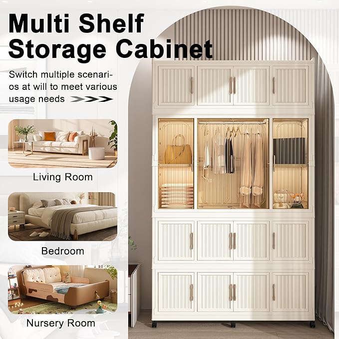 Leavader Portable Wardrobe Closet Storage Organizer for Clothes, Large Collapsible Plastic Wardrobe with Wheels, Foldable Clo