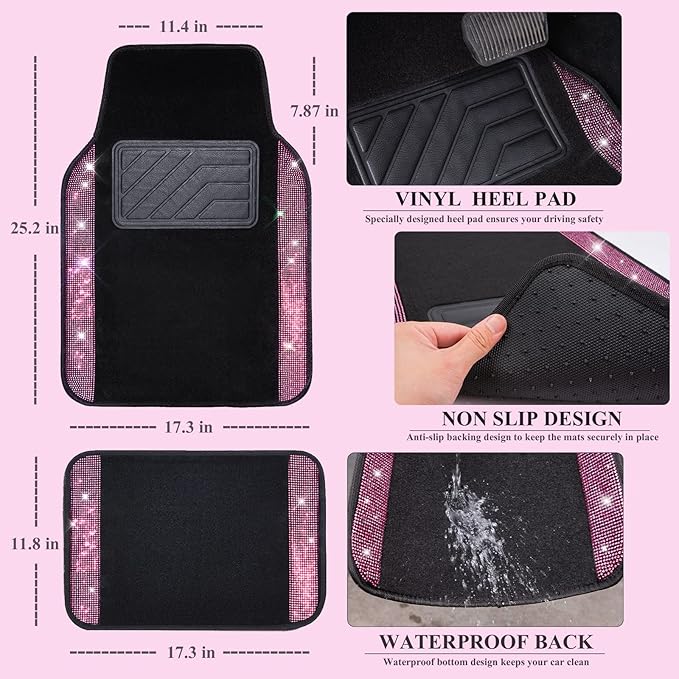 CAR PASS Bling Rhinestone Car Seat Covers Leather Shining Diamond Car Floor Mats Carpet with Anti-Slip Nibs Bling Diamonds Ca