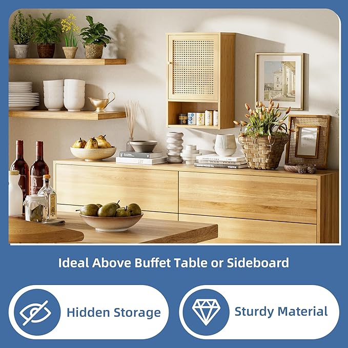 HITNET Bathroom Wall Cabinet, Rattan Medicine Cabinet, Bamboo Hanging Storage Organizer Over The Toilet with Adjustable Shelf