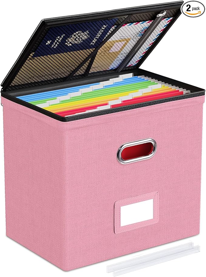 Oterri File Organizer Boxes with Lids, File Box with Mesh Pockets, Document Organizer Box for Letter Size Folders, Zippers Im