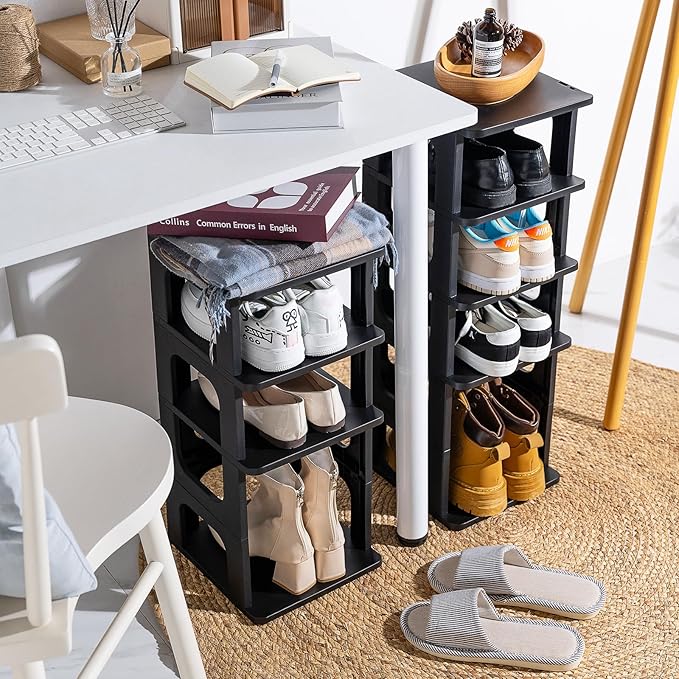 TRZZ 8-Tier Small Shoe Rack, Vertical Narrow Stackable Organizer with Removable Partition, Efficient Shoe Storage for Closet,