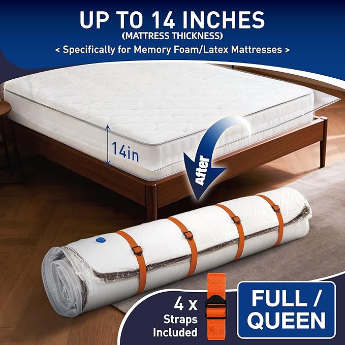 Mattress Vacuum Storage Bag for Memory Foam, Latex and Hybrid Mattress, Easy Moving and Storage (Full/Queen Size)