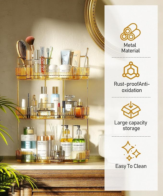 EUHOME 3-Tier Corner Bathroom Counter Organizer Makeup Cosmetic Storage, Tool-Free Installation Acrylic Vanity Shelf, Counter