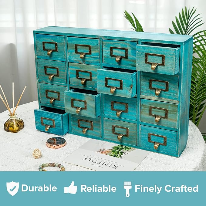 Teal 16-Slot Wooden Drawer Unit - Country Style Desk Organizer Box - 20"x3.6”x14” Wooden Storage Box w/ 16 Drawers - Countert