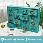 Teal 16-Slot Wooden Drawer Unit - Country Style Desk Organizer Box - 20"x3.6”x14” Wooden Storage Box w/ 16 Drawers - Countert