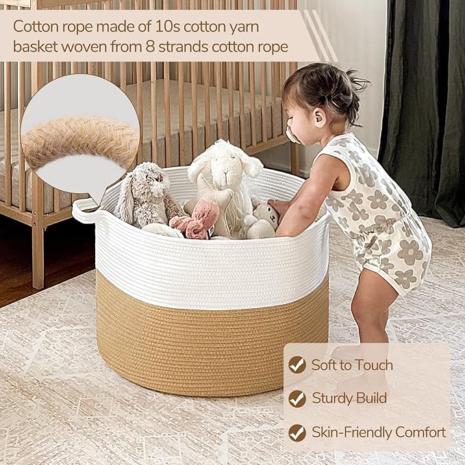INDRESSME XXXLarge Jute Rope Basket 21.7" x 21.7" x 13.8" Woven Baby Laundry Baskets for Blankets Toys Storage Basket with Ha