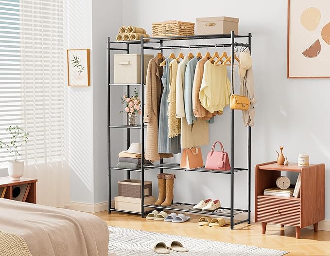 Wardrobe Closet,Portable Clothes Rack with 4 Tiers Shelves,Freestanding Closet Organizers and Storage System with Hanging Rod