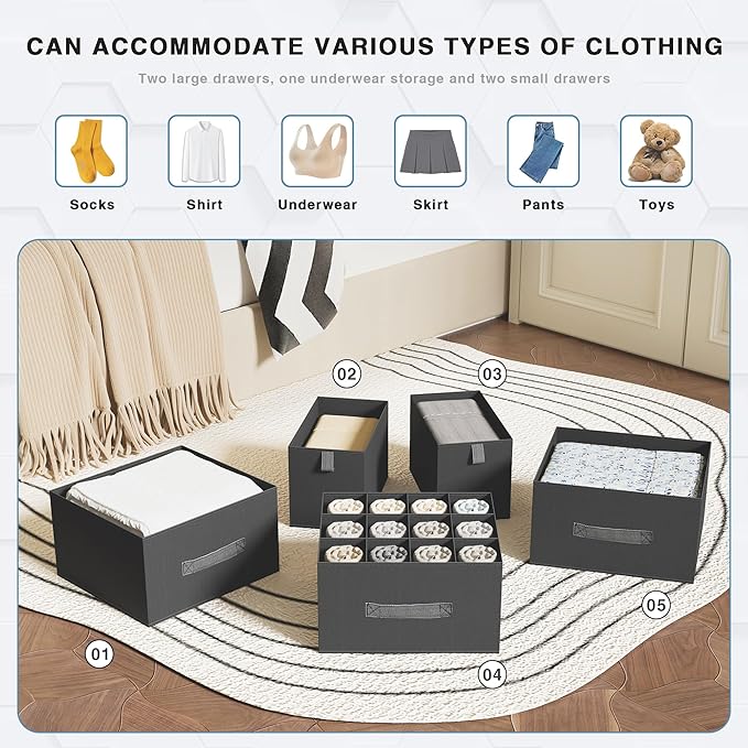 6-Shelves Hanging Closet Organizer with 5 Different Drawers, Foldable Organizers and Storage for Wardrobe, Closet& RV, Clothe
