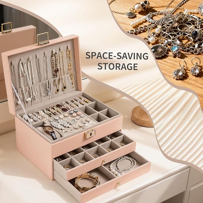 Greenfeather Jewelry Boxes for Women, Jewelry Organizer Box with Lid 3 Layers for Necklaces Rings Earrings and Bracelets Box 