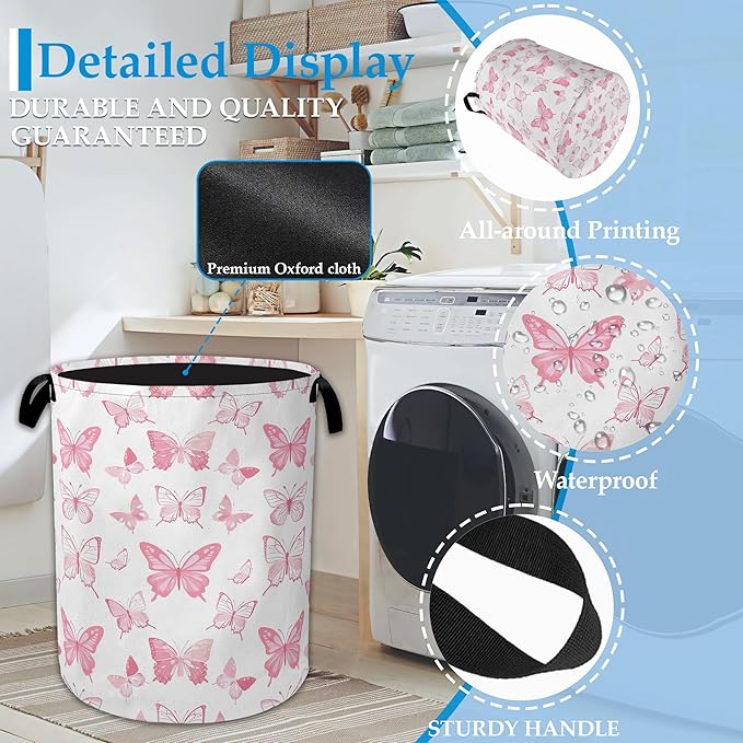 Pink Butterfly Laundry Basket Collapsible Laundry Hamper Clothes Toy Storage Bin for Bathroom Bedroom Room Decor 16" X 20.8"