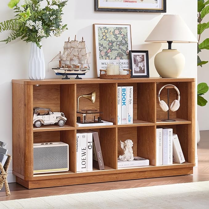 Joaxswe 8 Cube Storage Book Shelf, 52" Long Horizontal Bookshelf with Curved Edge, Floor Standing Wooden Cubby Bookcase with 