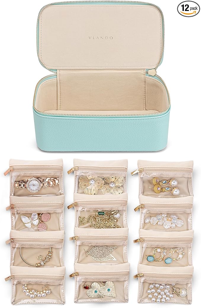 VLANDO Travel Jewelry Organizer with 12 Velvet Jewelry Bags Travel Jewelry Case for Girls Jewelry Storage Necklace Rings Earr